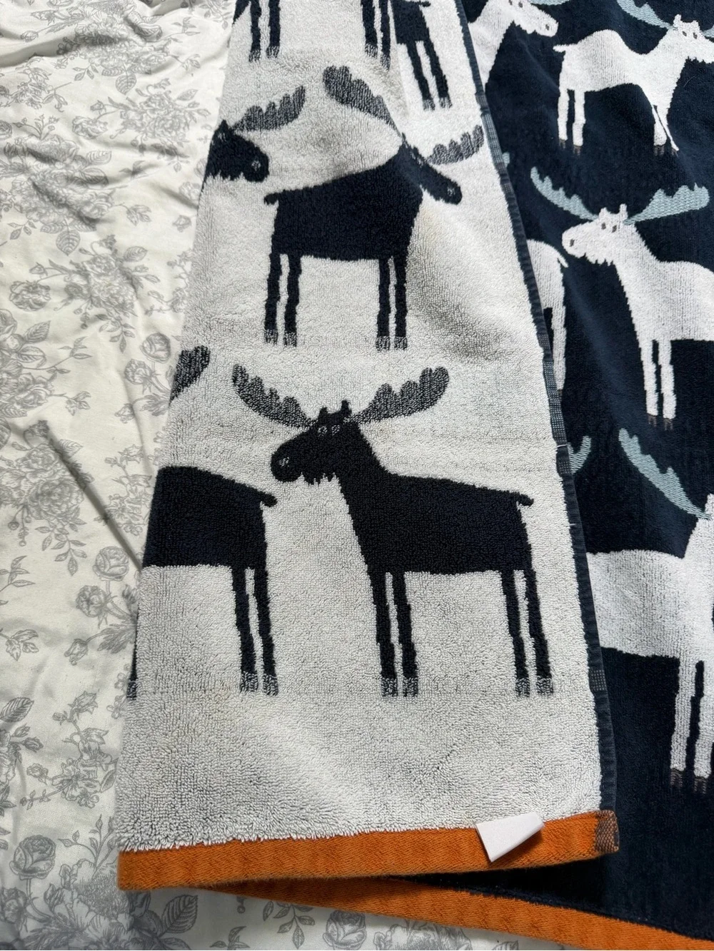 Moose Pattern Bath Towels - Navy, White & Light Blue